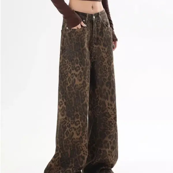 American Vintage Leopard Print Jeans for Women – Autumn/Winter Small Straight Tube Overalls Casual Pants