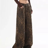 American Vintage Leopard Print Jeans for Women – Autumn/Winter Small Straight Tube Overalls Casual Pants