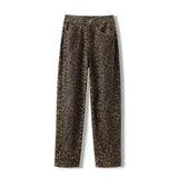 American Vintage Leopard Print Jeans for Women – Autumn/Winter Small Straight Tube Overalls Casual Pants