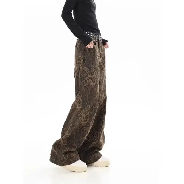 American Vintage Leopard Print Jeans for Women – Autumn/Winter Small Straight Tube Overalls Casual Pants