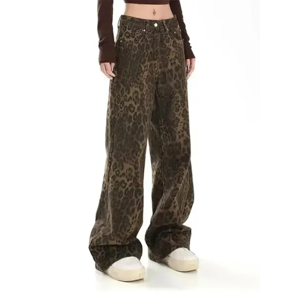 American Vintage Leopard Print Jeans for Women – Autumn/Winter Small Straight Tube Overalls Casual Pants - leopard / XL