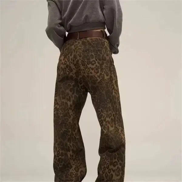 American Vintage Leopard Print Jeans for Women – Autumn/Winter Small Straight Tube Overalls Casual Pants