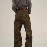 American Vintage Leopard Print Jeans for Women – Autumn/Winter Small Straight Tube Overalls Casual Pants