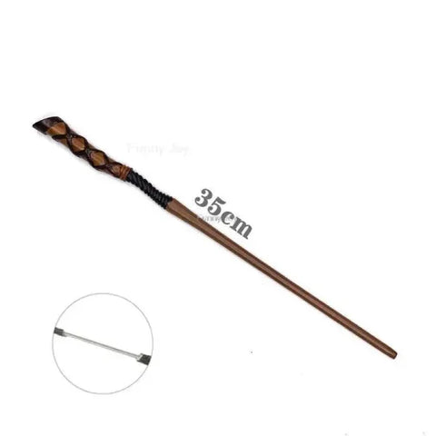 Brown wooden wand with metallic circular accents, perfect for anime cosplay metal core enthusiasts