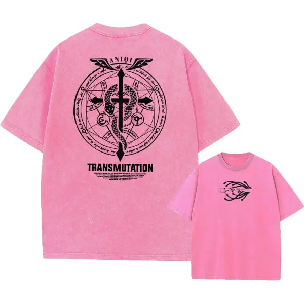 Fullmetal Alchemist Acid Wash T-Shirt – Unisex Retro Harajuku Anime Streetwear Short Sleeve Tee - AF1129 Pink1 / XL