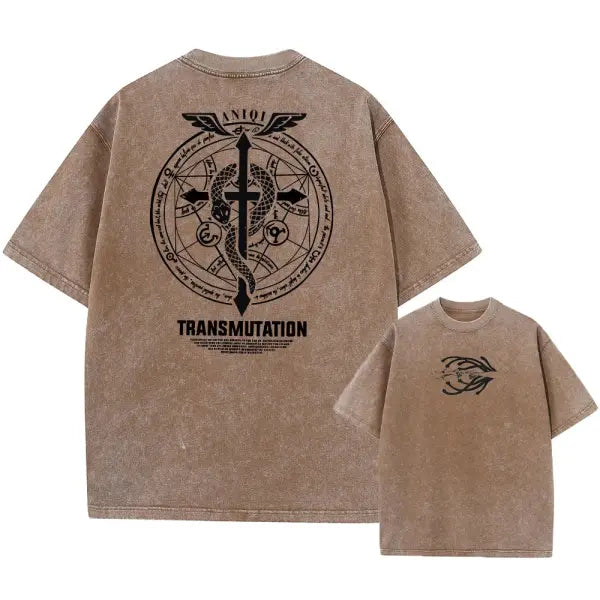 Fullmetal Alchemist Acid Wash T-Shirt – Unisex Retro Harajuku Anime Streetwear Short Sleeve Tee - AF1129 Coffee1 / XXL