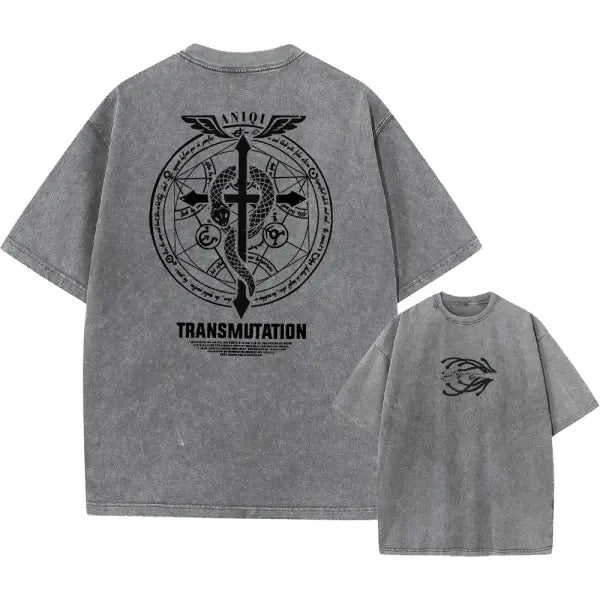 Fullmetal Alchemist Acid Wash T-Shirt – Unisex Retro Harajuku Anime Streetwear Short Sleeve Tee - AF1129 Gray1 / XXL