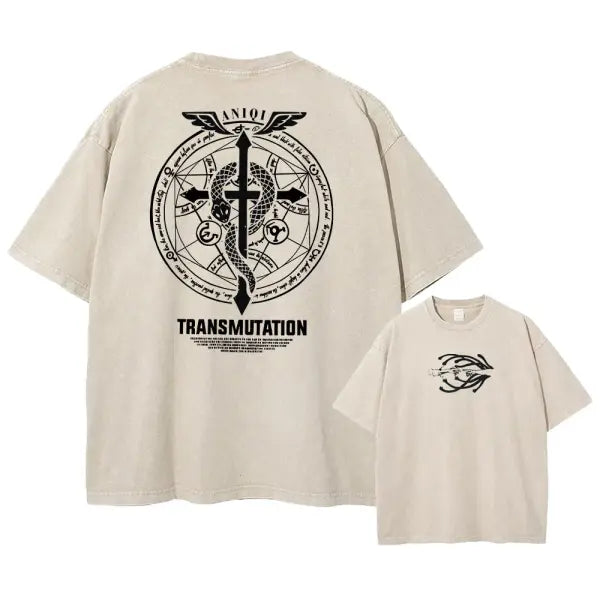 Fullmetal Alchemist Acid Wash T-Shirt – Unisex Retro Harajuku Anime Streetwear Short Sleeve Tee - AF1129 Khaki / XL