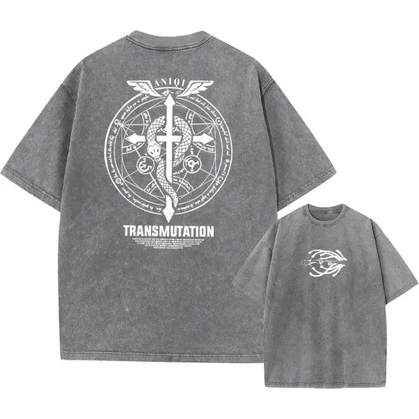 Fullmetal Alchemist Acid Wash T-Shirt – Unisex Retro Harajuku Anime Streetwear Short Sleeve Tee - AF1129 Gray2 / XL
