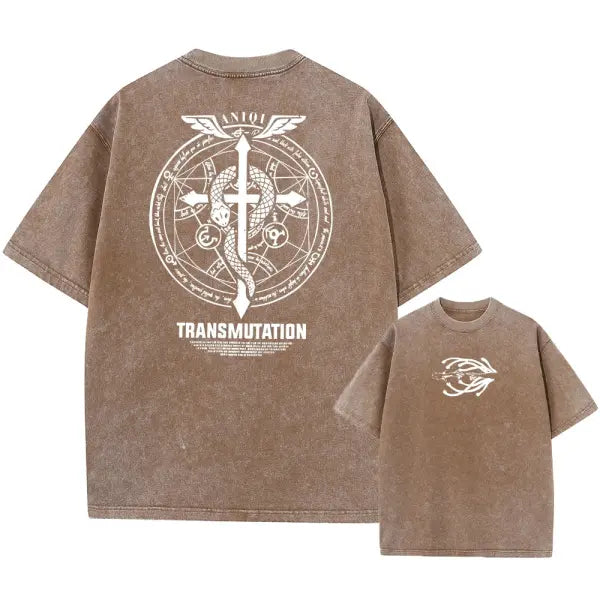 Fullmetal Alchemist Acid Wash T-Shirt – Unisex Retro Harajuku Anime Streetwear Short Sleeve Tee - AF1129 Coffee2 / XXL