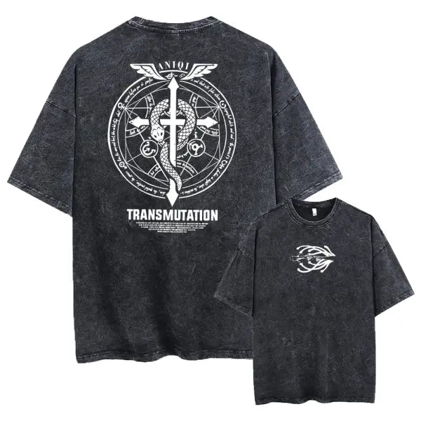 Fullmetal Alchemist Acid Wash T-Shirt – Unisex Retro Harajuku Anime Streetwear Short Sleeve Tee - AF1129 Black / L