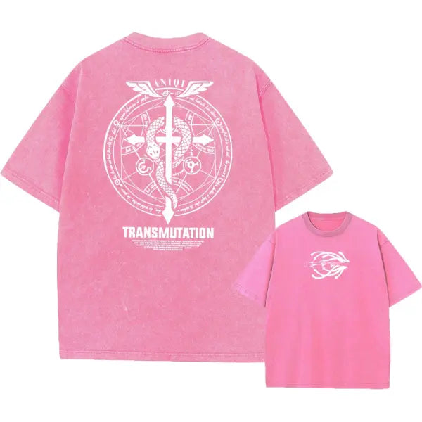 Fullmetal Alchemist Acid Wash T-Shirt – Unisex Retro Harajuku Anime Streetwear Short Sleeve Tee - AF1129 Pink2 / XL