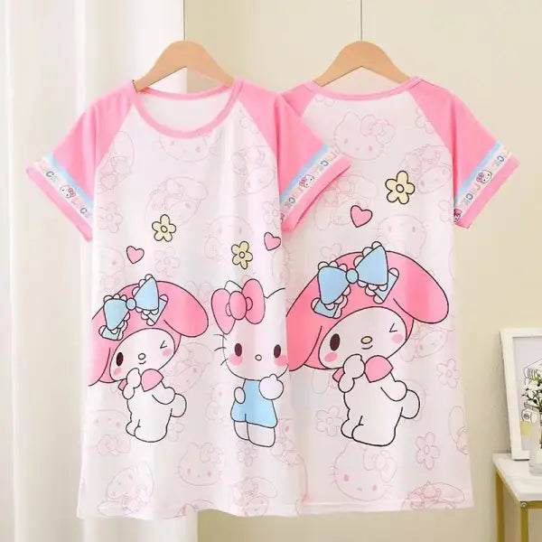 Anime Sanrio Cinnamoroll Children’s Pajamas Kawaii Nightgown Cute Nightdress Short-sleeve Sleepwear Dress Girl Gift