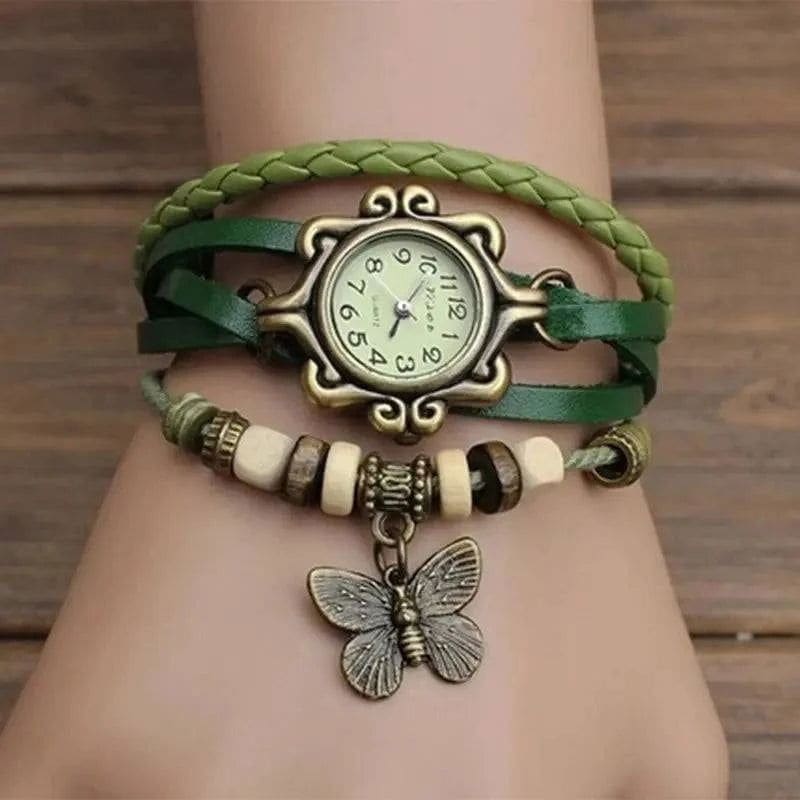 Antique Women’s Leather Wrapped Bracelet - Quartz Wristwatch - Green