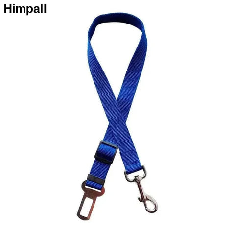 Blue adjustable dog seat belt strap with metal clips for safe car travel