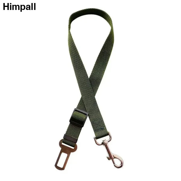 Olive green adjustable dog seat belt with metal clip for safe car travel