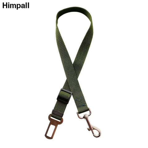 Olive green adjustable dog seat belt with metal clip for safe car travel