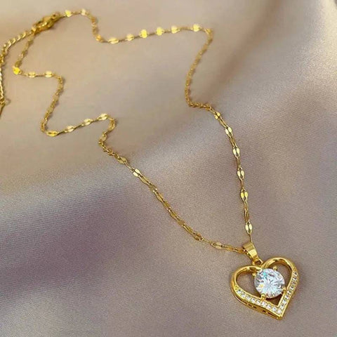 Artificial Gems Heart Pendant Necklace: Golden Stainless Steel Lips Chain