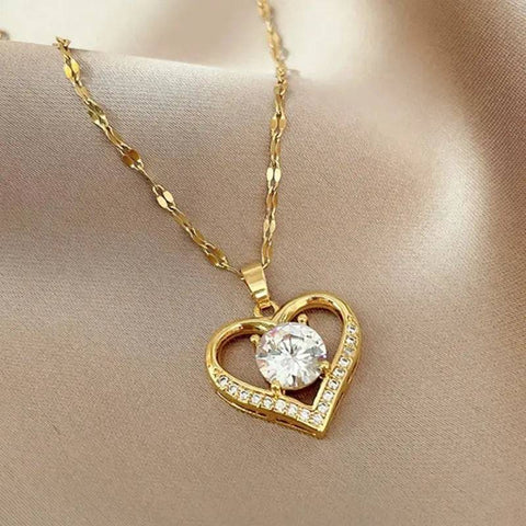 Artificial Gems Heart Pendant Necklace: Golden Stainless Steel Lips Chain