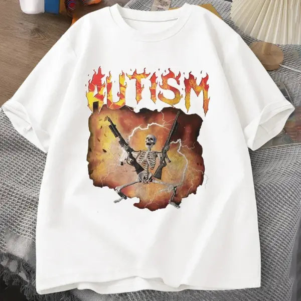Autistic Funny Skeleton T-Shirt – Unisex Autism Meme Graphic Harajuku Vintage Streetwear Tee - BJ3376-WHITE / XS