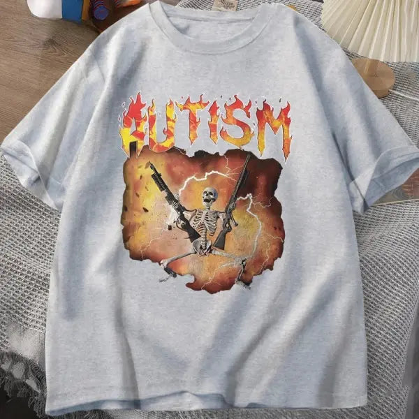 Autistic Funny Skeleton T-Shirt – Unisex Autism Meme Graphic Harajuku Vintage Streetwear Tee - BJ3376-GRAY / XXXL