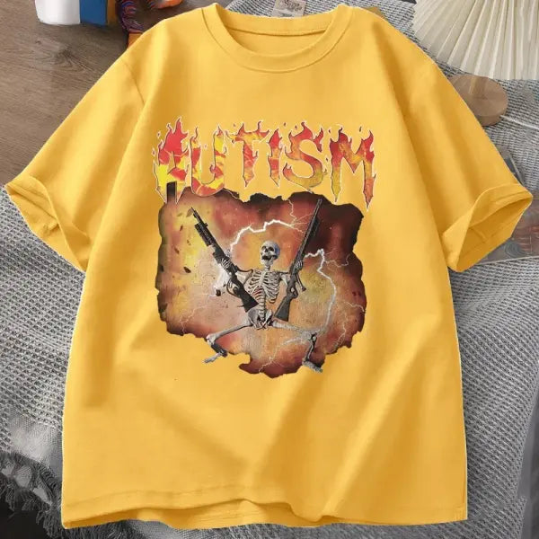 Autistic Funny Skeleton T-Shirt – Unisex Autism Meme Graphic Harajuku Vintage Streetwear Tee - BJ3376-Yellow / XS