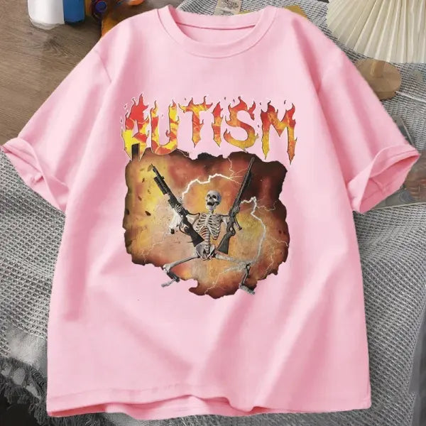 Autistic Funny Skeleton T-Shirt – Unisex Autism Meme Graphic Harajuku Vintage Streetwear Tee - BJ3376-Pink / M
