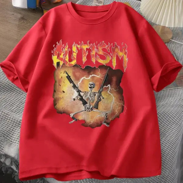 Autistic Funny Skeleton T-Shirt – Unisex Autism Meme Graphic Harajuku Vintage Streetwear Tee - BJ3376-Red / XS