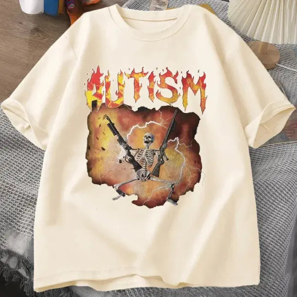 Autistic Funny Skeleton T-Shirt – Unisex Autism Meme Graphic Harajuku Vintage Streetwear Tee - BJ3376-Khaki / XL