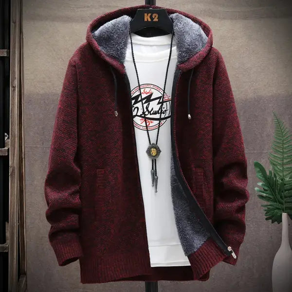 Men’s Wool Jacket – Plush Thickened Vintage Autumn Winter Casual Hoodie - Burgundy / L