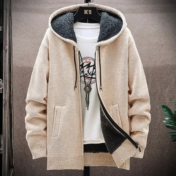 Men’s Wool Jacket – Plush Thickened Vintage Autumn Winter Casual Hoodie - Beige / M