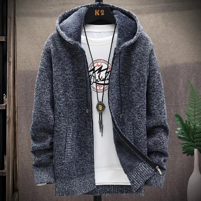 Autumn and Winter men’s wool jacket new jacket plush thickened classic vintage cardigan Hoodie casual loose tops - Dark