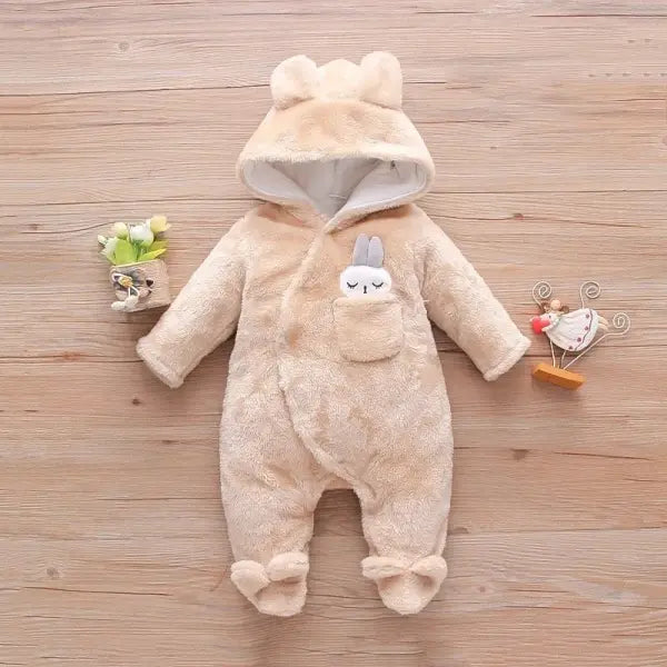 Autumn & Winter Baby Plush Outfit – Warm Thick Cotton Clothes with Cartoon Dog & Rabbit for 0–2 Years - R0964-Khaki