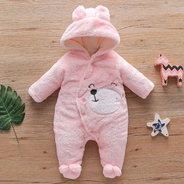 Autumn & Winter Baby Plush Outfit – Warm Thick Cotton Clothes with Cartoon Dog & Rabbit for 0–2 Years - R0965-Pink