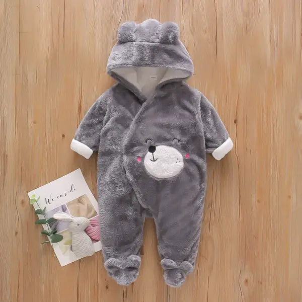 Autumn & Winter Baby Plush Outfit – Warm Thick Cotton Clothes with Cartoon Dog & Rabbit for 0–2 Years - R0965-Gray