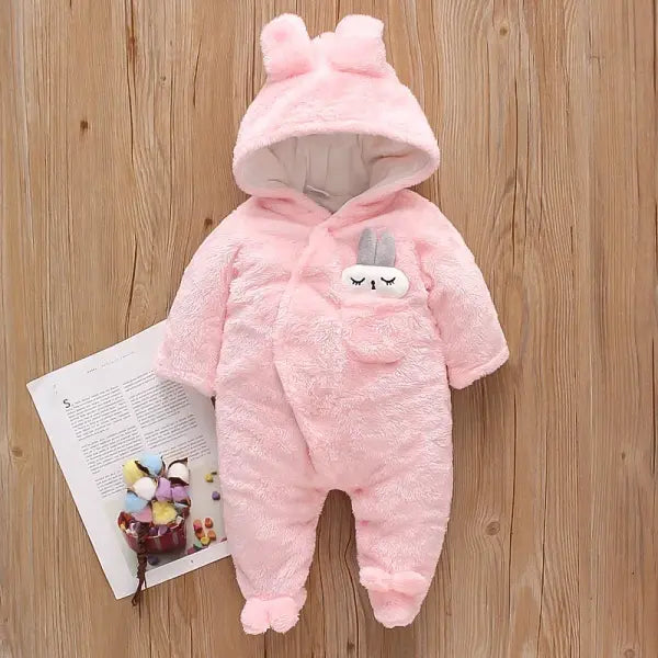 Autumn & Winter Baby Plush Outfit – Warm Thick Cotton Clothes with Cartoon Dog & Rabbit for 0–2 Years - R0964-Pink
