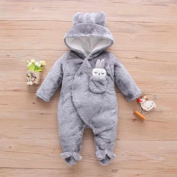 Autumn & Winter Baby Plush Outfit – Warm Thick Cotton Clothes with Cartoon Dog & Rabbit for 0–2 Years - R0964-Gray