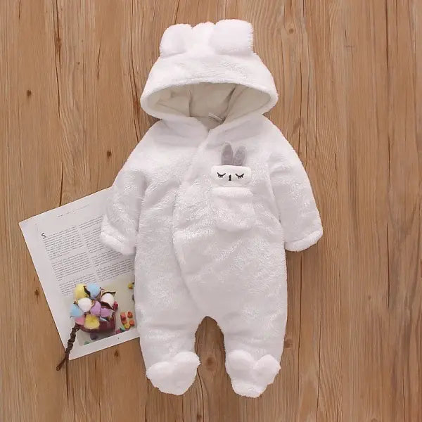 Autumn & Winter Baby Plush Outfit – Warm Thick Cotton Clothes with Cartoon Dog & Rabbit for 0–2 Years - R0964-White