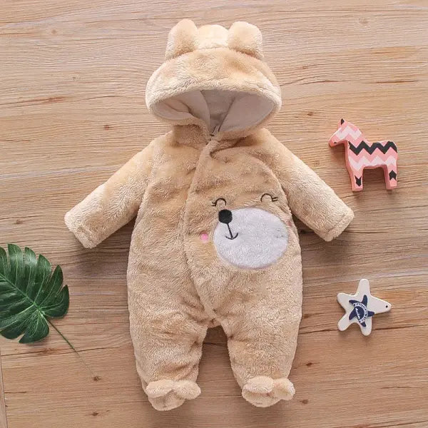 Autumn & Winter Baby Plush Outfit – Warm Thick Cotton Clothes with Cartoon Dog & Rabbit for 0–2 Years - R0965-Khaki