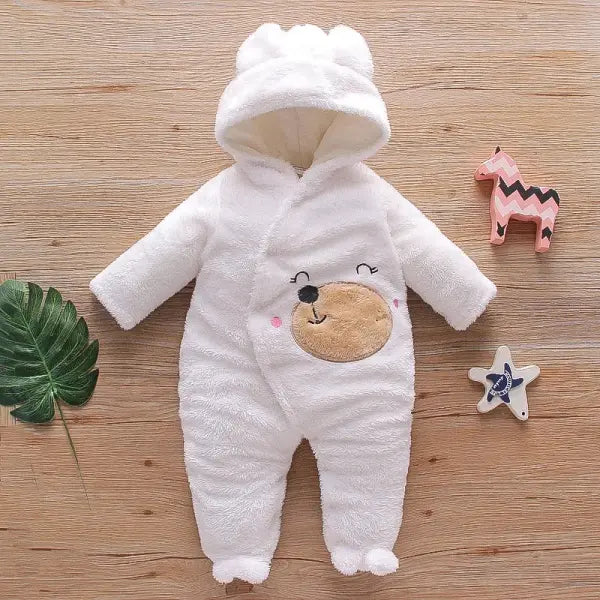 Autumn & Winter Baby Plush Outfit – Warm Thick Cotton Clothes with Cartoon Dog & Rabbit for 0–2 Years - R0965-White
