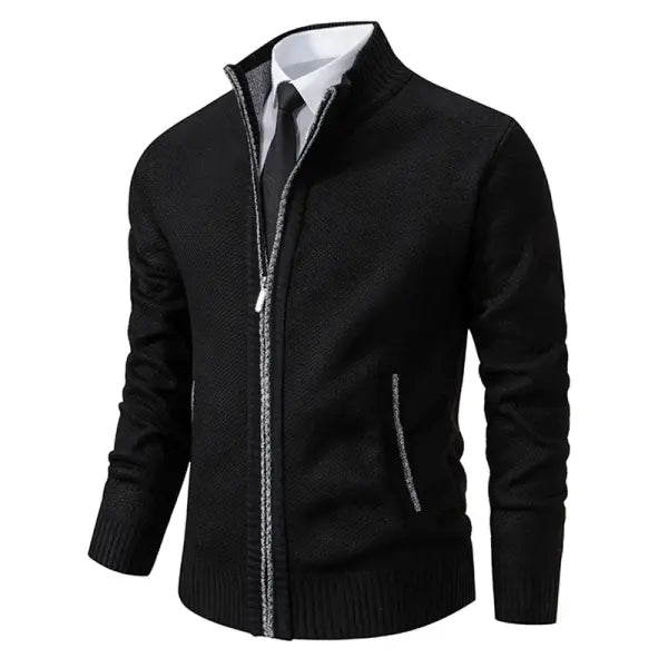 Solid color stand collar zipper cardigan fleece warm men jacket - L / 8801Black
