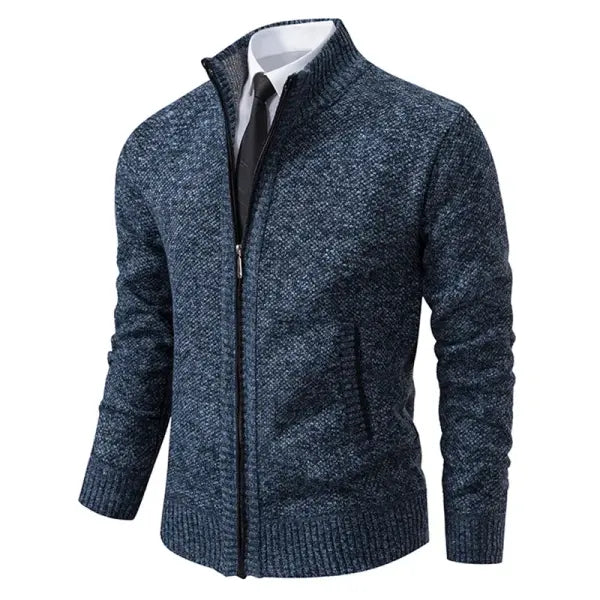 Solid color stand collar zipper cardigan fleece warm men jacket - M / 8801Blue grey