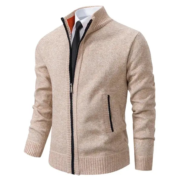 Solid color stand collar zipper cardigan fleece warm men jacket - L / 8801Beige