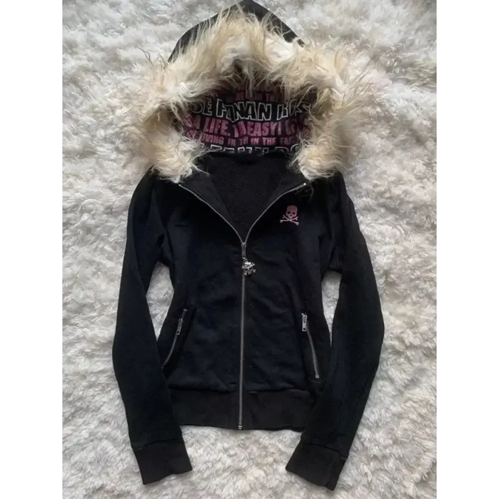 Autumn and winter retro black star leopard pattern women fur collar zipper hoodie fashionable street Harajuku waist