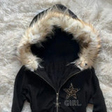Autumn and winter retro black star leopard pattern women fur collar zipper hoodie fashionable street Harajuku waist