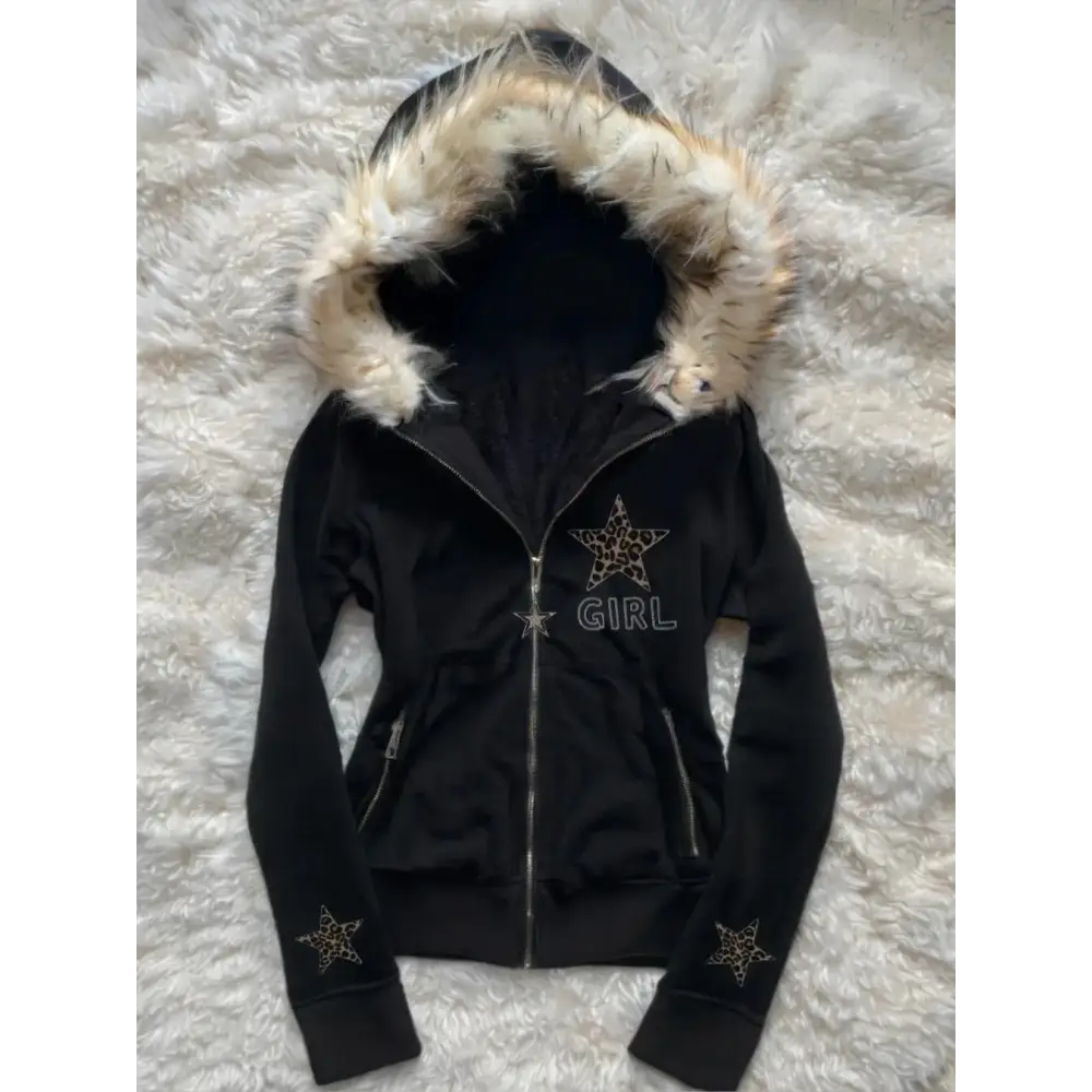 Autumn and winter retro black star leopard pattern women fur collar zipper hoodie fashionable street Harajuku waist