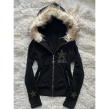 Autumn and winter retro black star leopard pattern women fur collar zipper hoodie fashionable street Harajuku waist
