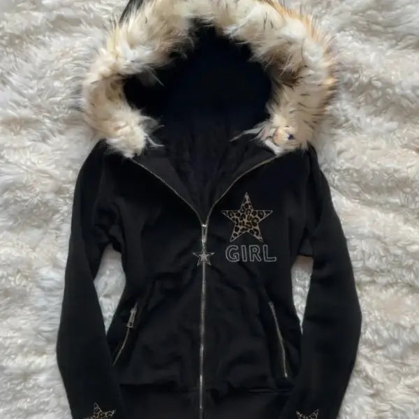 Autumn & Winter Women’s Fur-Collar Zipper Hoodie – Retro Black Star Leopard Streetwear - OO-1 / XL