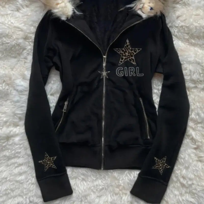 Autumn and winter retro black star leopard pattern women fur collar zipper hoodie fashionable street Harajuku waist