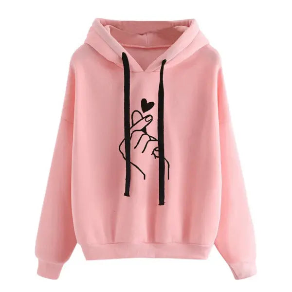 Autumn Fleece Hoodie Solid Color Finger Heart Hooded Korean Fashion Sweatshirts Long Sleeve Top Drawstring Pockets